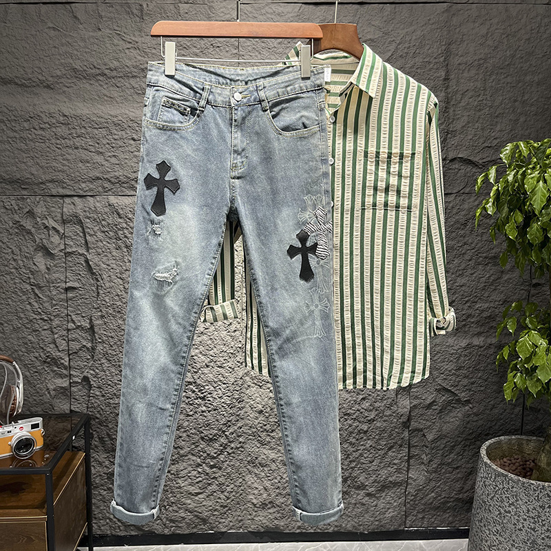 2023 European and American Style Spring and Autumn Leather Blue Slim Fit Jeans Trendy Printed Stretch Leggings Men's Trendy Pants