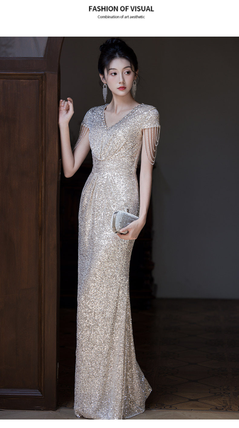 Elegant Silver Sequin Fringe Evening Gown, Mermaid Tail Dress For Formal Banquets, Hosting, Gala Dinners, Pageants_ecoleips.com