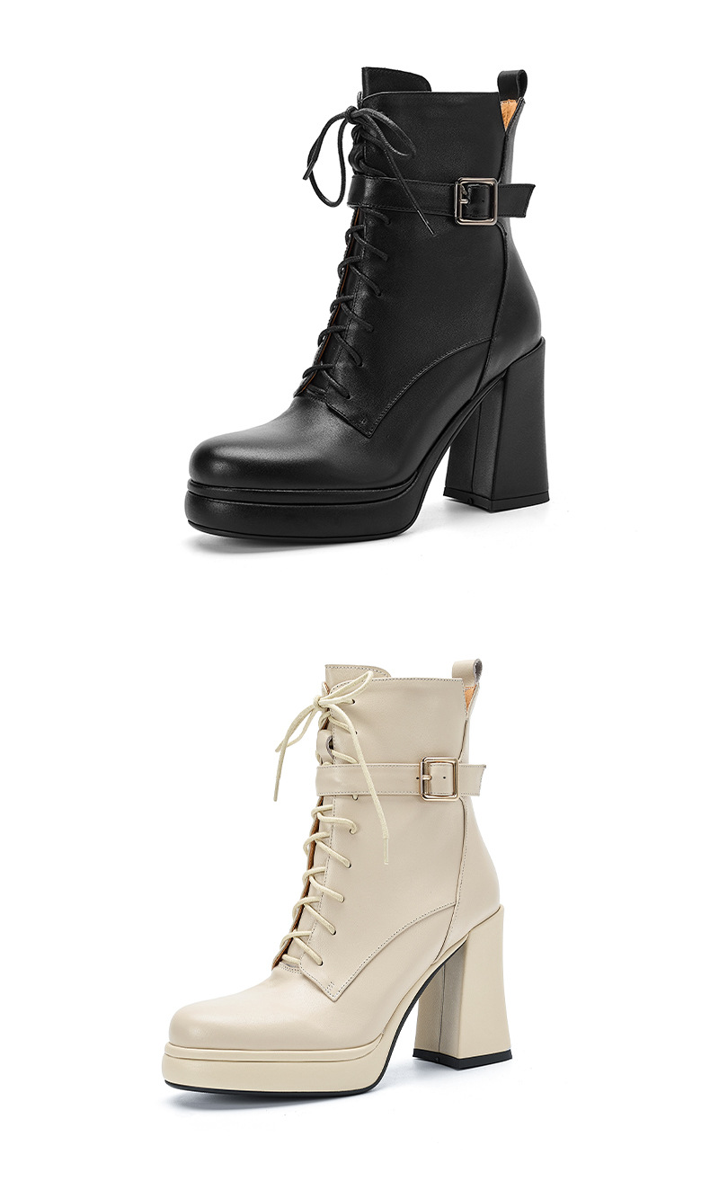 Giày boot nữ da thật cổ ngắn dây buộc gót vuông 10 cm đế dày mùa thu đông — màu đen, Màu trắng nhạt chi tiết 14
