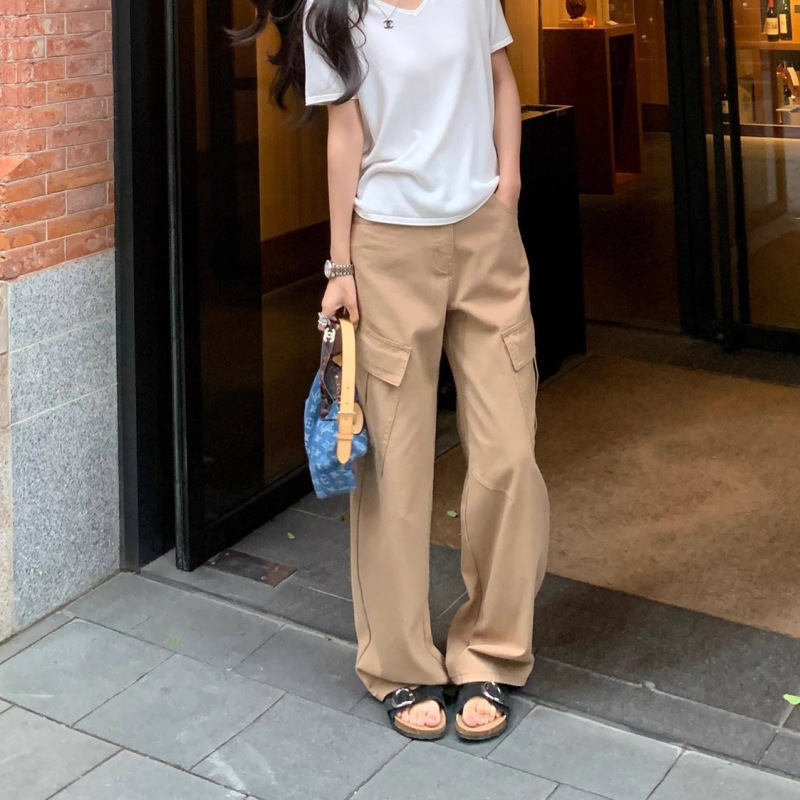 2025秋装新款复古口袋工装裤宽松直筒阔腿裤长裤低腰休闲裤女美式|undefined