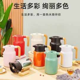 304不锈钢真空保温壶日式双层木柄大容量热水瓶按压式家用酒店用