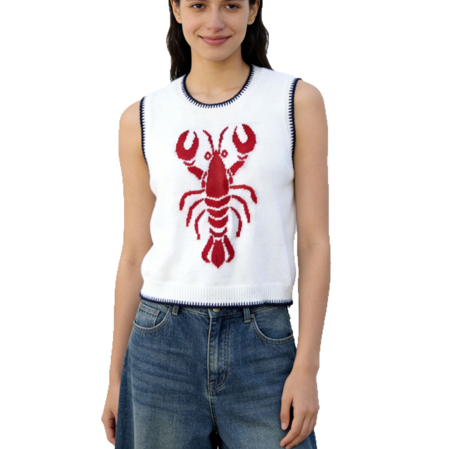 Ins style homard jacquard gilet tricoté Amazon conception de niche transfrontalière bord contrasté pull sans manches