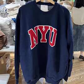 BM风秋冬美女装复古NYU红字母贴布刺绣卫衣bm圆领套头上衣复古风