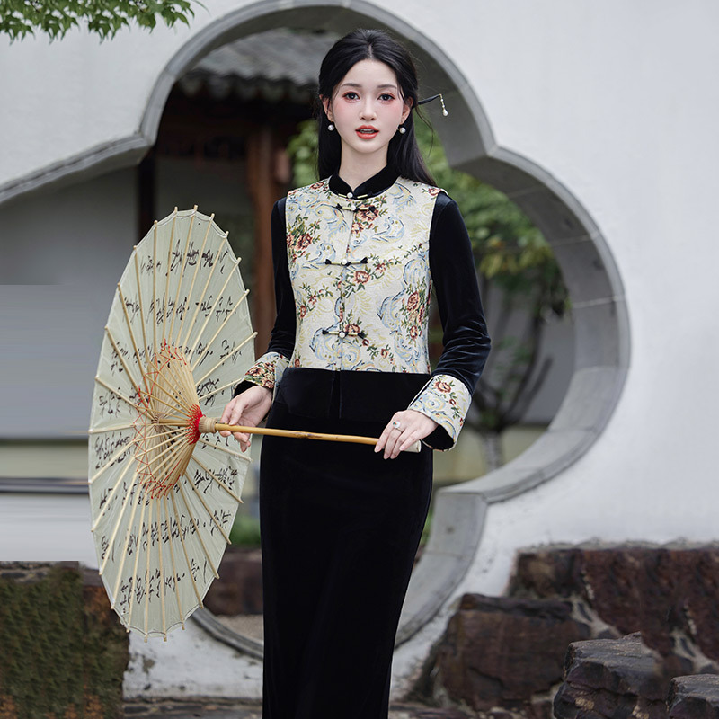 新中式国风马甲两件套秋季长袖旗袍改良年轻款女复古修身收腰秋冬|undefined