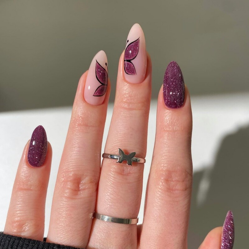 Cross-border Almond Purple Butterfly Wear Armor Foreign Trade Flash Removable False Nails Press ons