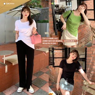 61901丨Summer New Fat mm Plus Size Women's Round Neck Asymmetrical Smocked Waist Slimming Look T-Shirt Top for Women