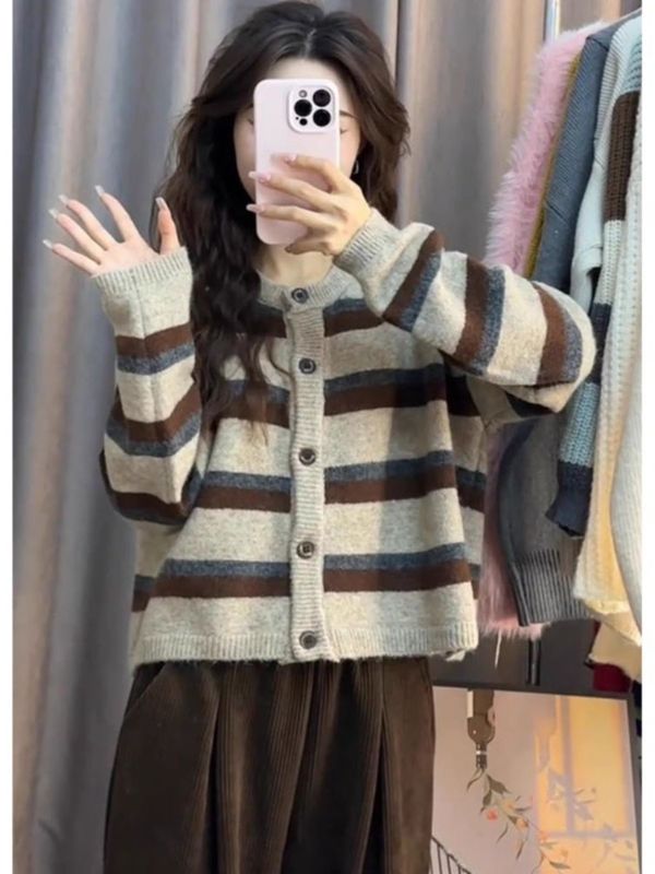 条纹毛衣外套女春秋款2025新款宽松慵懒风小个子短款针织开衫上衣|undefined