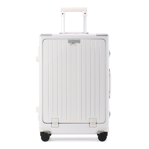 New front opening multi-functional travel suitcase with aluminum frame pull handle, USB charging port, foldable cup holder, and carry-on approved.