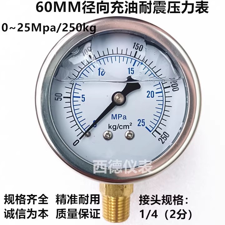 60MM径向0－25MPA/250KG油压表 充油防震压力表 充油耐震压力表
