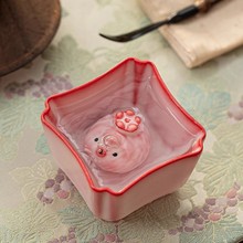 粉红色猪油冻陶瓷摆件网红泡泡鱼茶宠茶桌可爱创意办公主人杯单杯