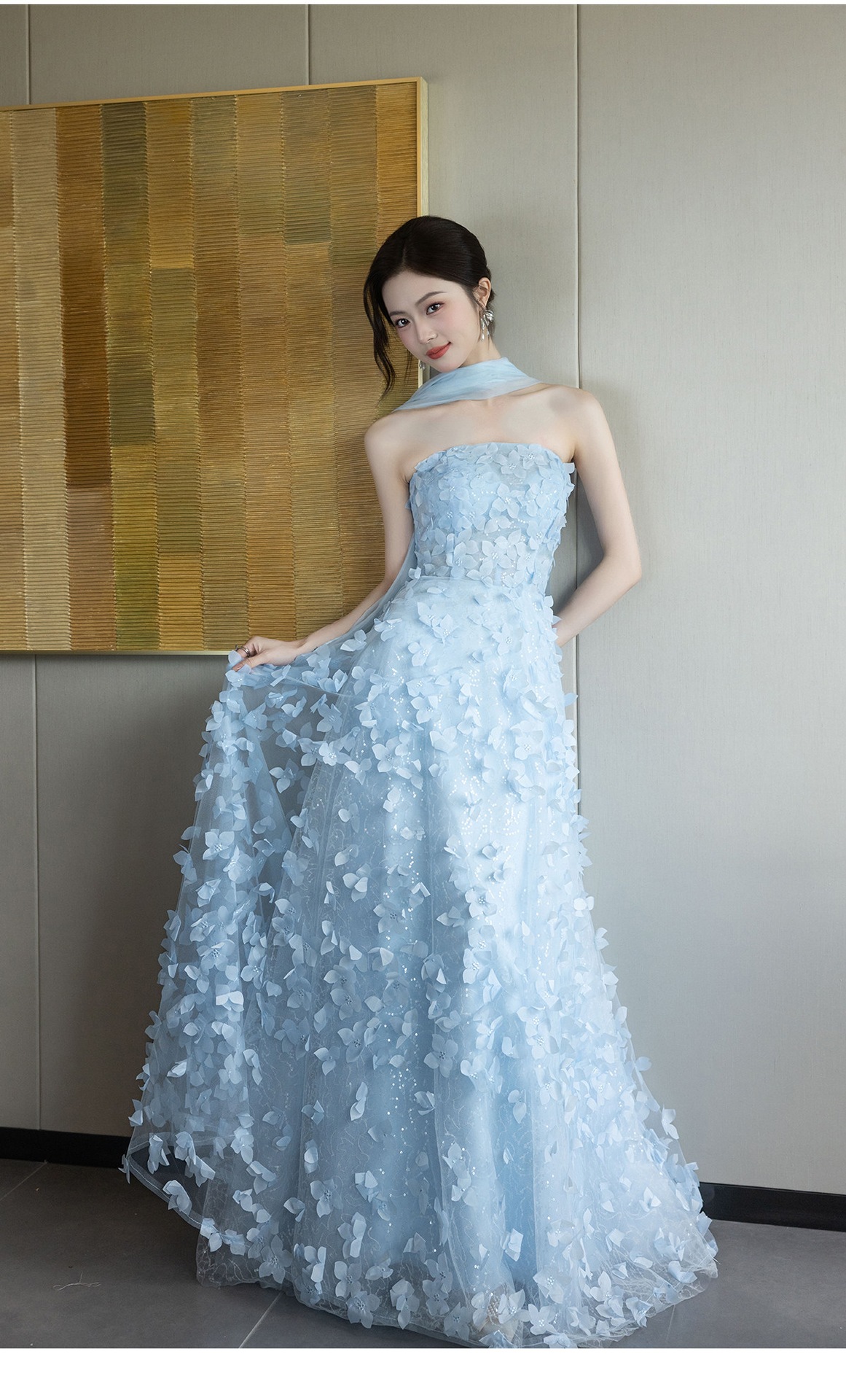 Đầm maxi nữ thắt eo dự tiệc cưới kiểu dáng thanh lịch — Xanh dương chi tiết 14