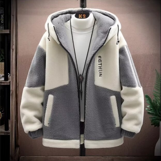Winter and Autumn Thickened Fleece Jacket for Men, Casual Hooded Lamb Wool Jacket for Young Men and Students