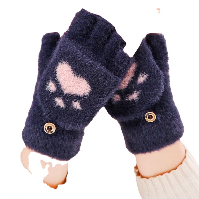 Nuevos guantes de garra de gato de dibujos animados lindo al por mayor invierno cálido forro polar engrosado medio dedo flip guantes de punto de las mujeres