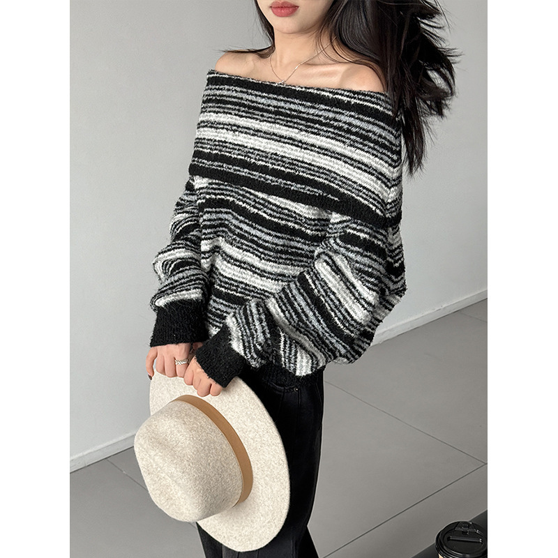Juzhi Autumn New Arrivals: Korean-style One-Shoulder Color-Block Striped Sweater with a Relaxed Fit and Turn-Down Collar for Women 2632