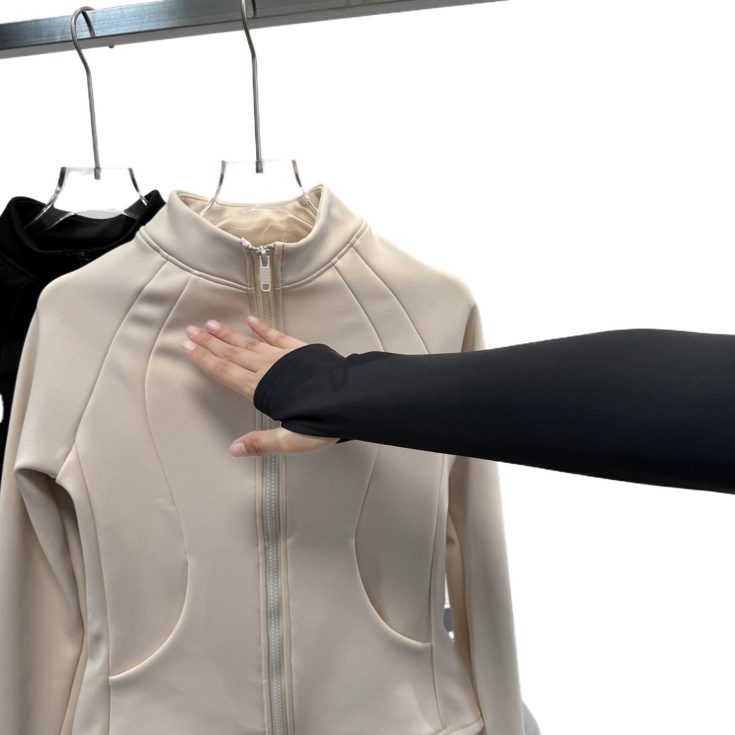 수직 칼라 방풍 지퍼 라이닝 방풍 요가 자켓 여성의 외부 착용 단단한 긴 소매 스포츠 피트니스 재킷