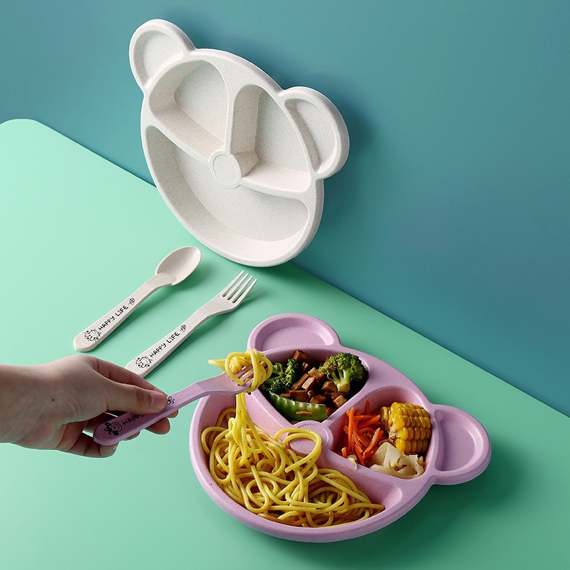 Wheat Straw Cartoon Children's Dielectric Plate for Eating Kindergarten Students Tableware Set 3 Pieces Factory Wholesale