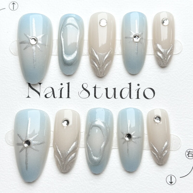 Y2K Millennial Hot Girl Cross-Border Foreign Trade Wearable Nails Light Blue Smudged Diamond Nail Art Patch Summer New Style