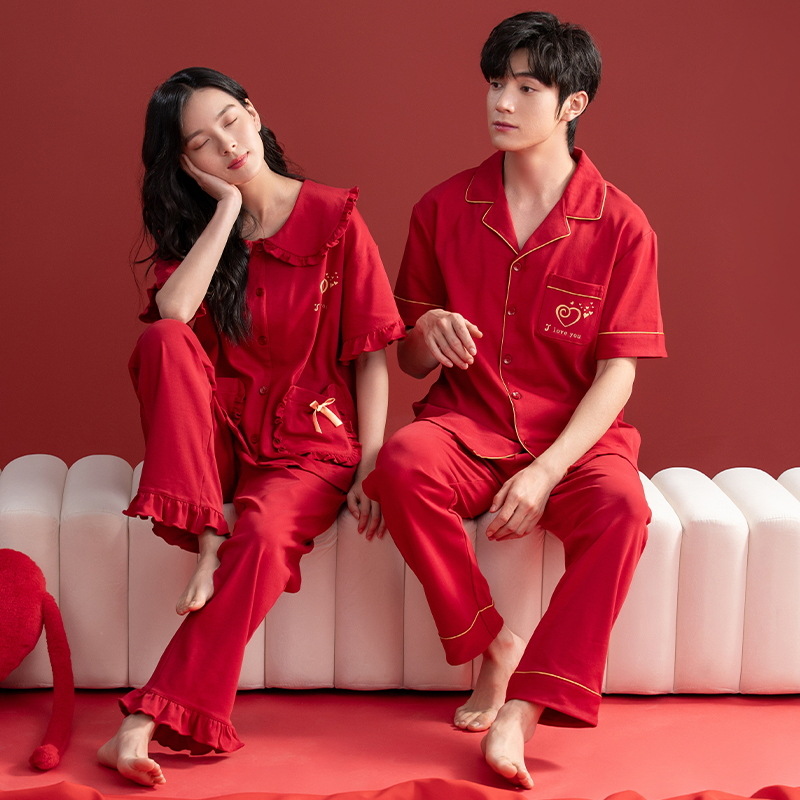 [Antibacteriano] pijamas para hombres primavera y otoño algodón de manga corta pareja ropa de boda de verano rojo damas servicio a domicilio