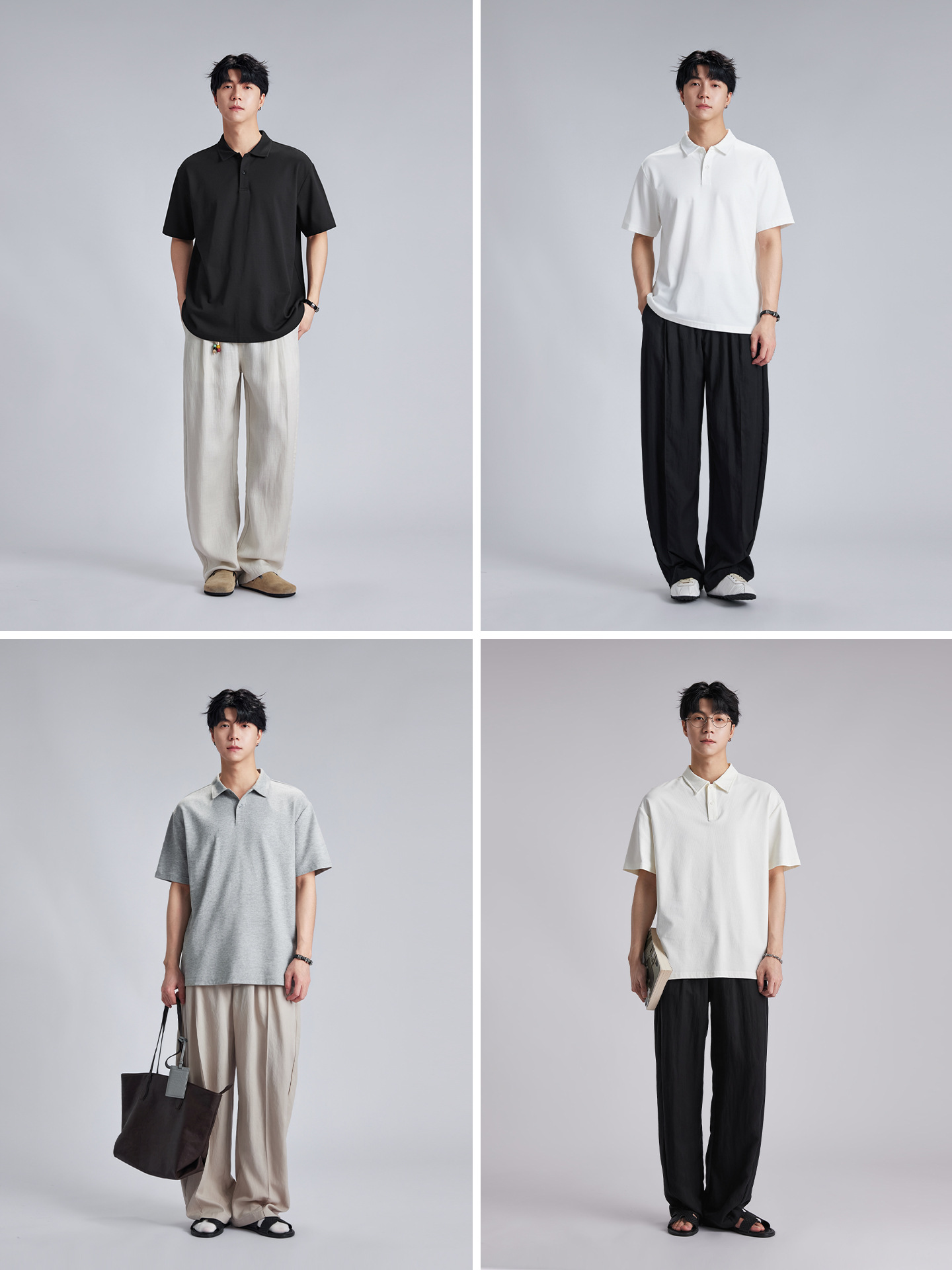 Áo polo nam cổ bẻ dáng rộng chất liệu cotton dày 220g, tay ngắn thoáng khí — đen