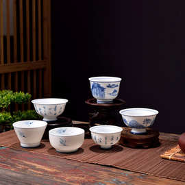 中式青花主人杯家用釉下彩手画品茗杯普洱功夫茶杯大小白瓷茶盏