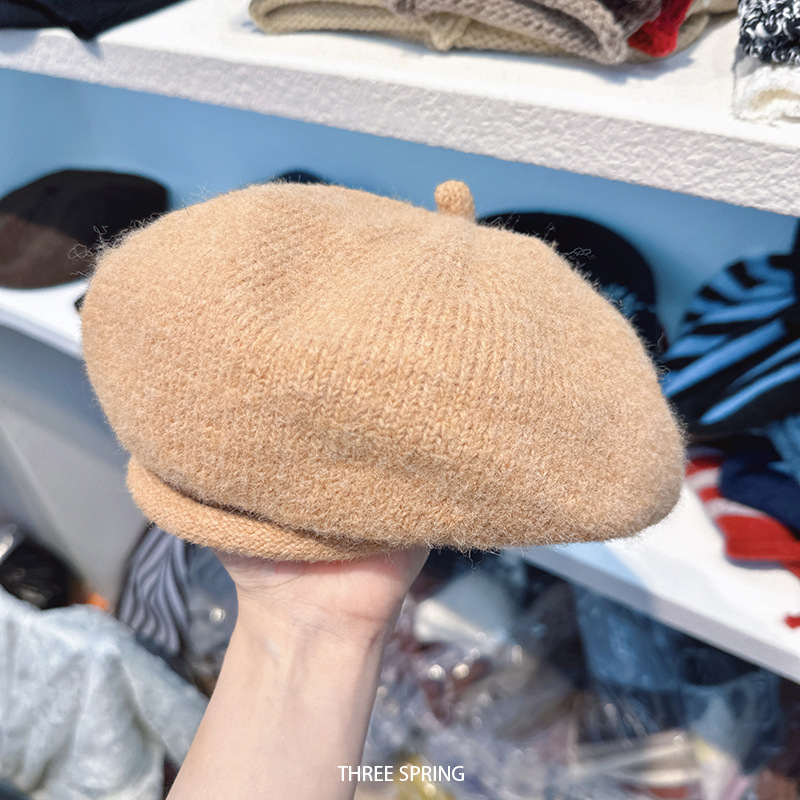 批发韩国2025年冬季新款日系卷边毛线针织贝雷帽女甜美文艺画家帽