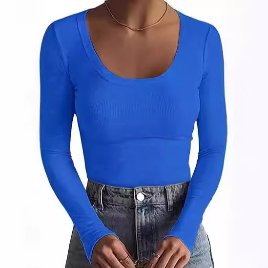 2024年跨境新品女式T恤速卖通基础款螺纹圆领长袖性感修身女上衣T