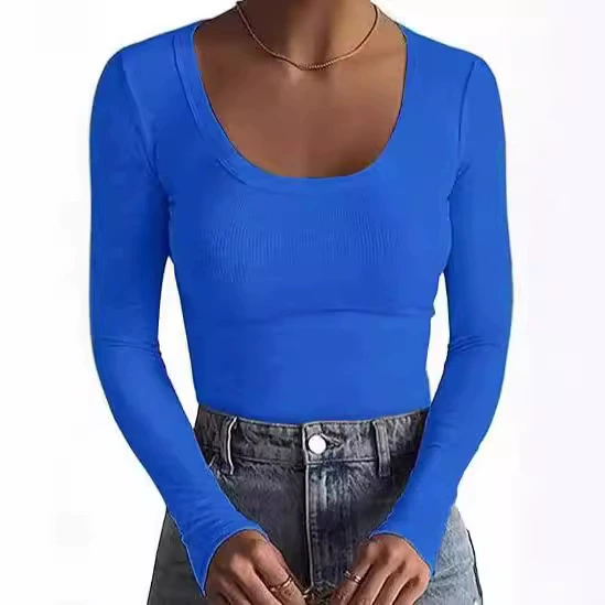 2024 Трансграничная новая женская футболка AliExpress Базовая резьба с круглым вырезом с длинными рукавами Сексуальная тонная женская топ T