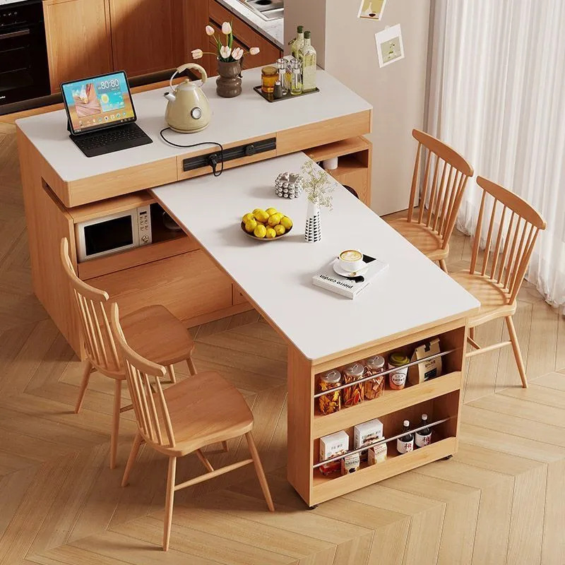 He Wooden House Solid Wood Island Table Retractable Dining Table Integrated Household Log Cream Style Slate Rotating Multi-Functional Bar Table