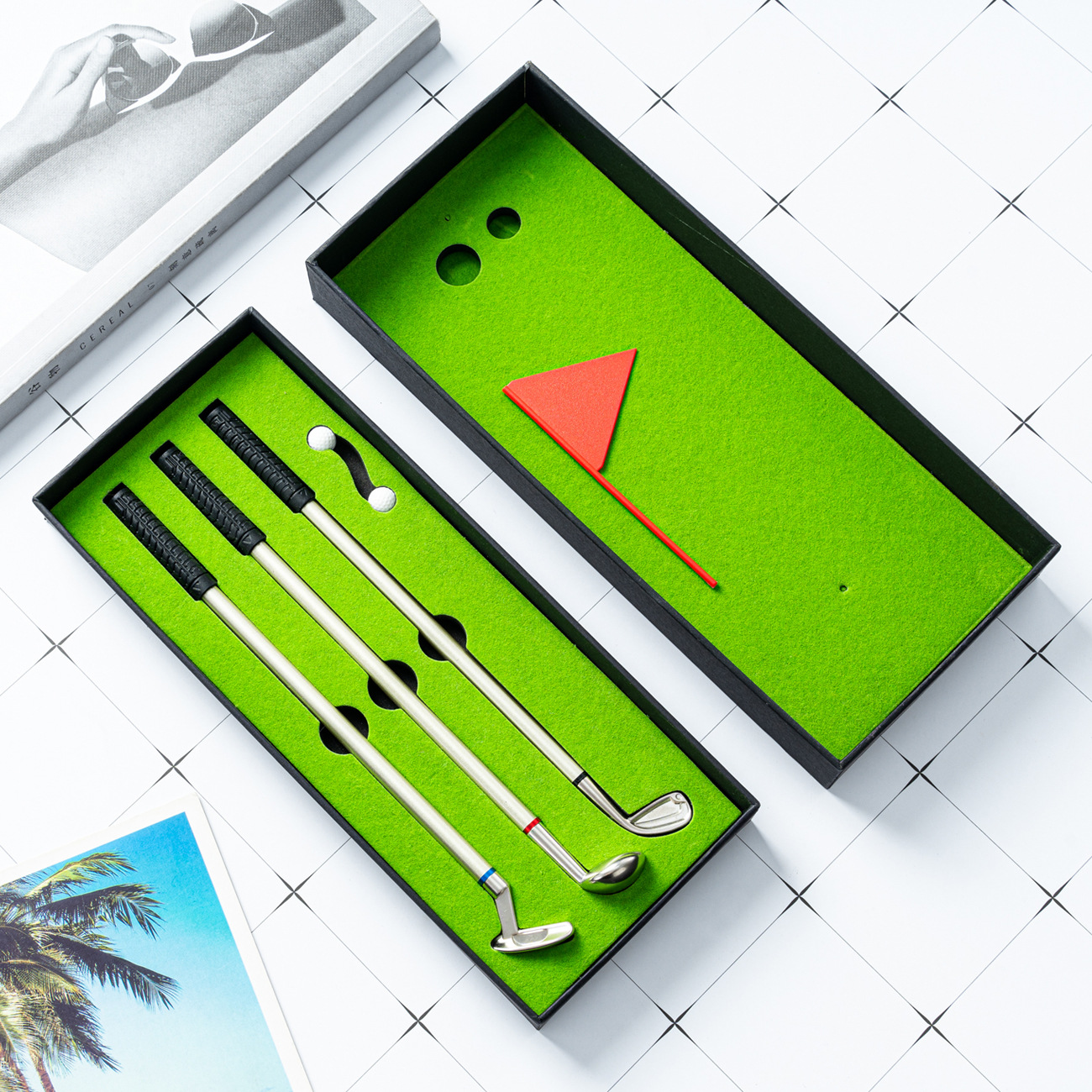Venta al por mayor de fábrica de regalo de golf pluma de escritorio mini golf verde metal Club bolígrafo pluma traje
