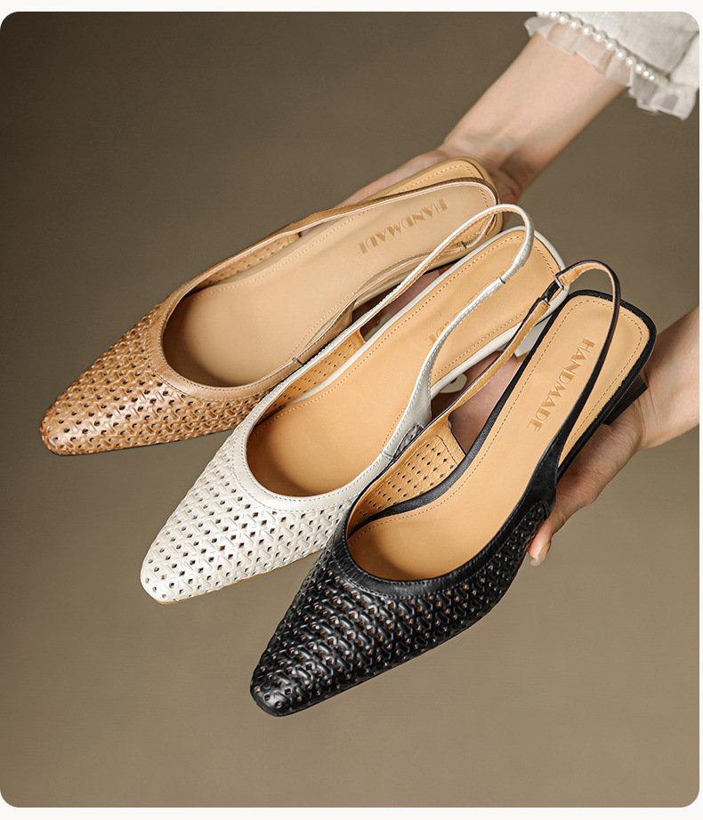 Sandal nữ da bò dệt mũi kín gót thô cao 6 cm phong cách công sở — đen chi tiết 7