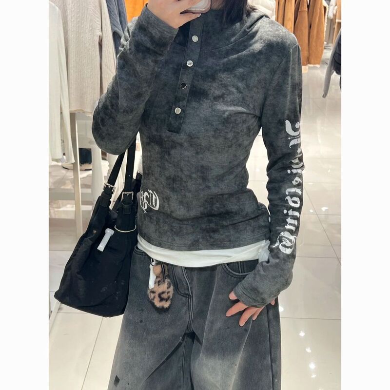 2026 New Gray Tie-Dye Hooded Long-Sleeve T-Shirt for Women, American Letter Print, Slim Fit, Versatile Base Shirt Top 2026 New Gray Tie-Dye Hooded Long-Sleeve T-Shirt for Women, American Letter Print, Slim Fit, Versatile Base Shirt Top