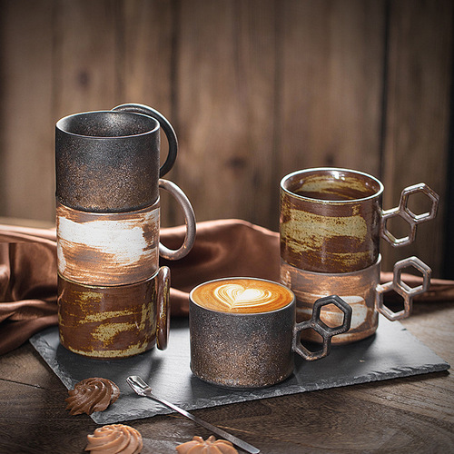 创意复古陶瓷咖啡杯可堆叠拉花杯ins陶瓷水杯马克杯礼品小额批发