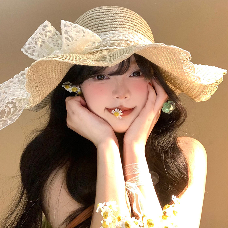 法式蕾丝蝴蝶结草帽女夏海边沙滩波浪边大帽檐太阳帽遮阳防晒帽子