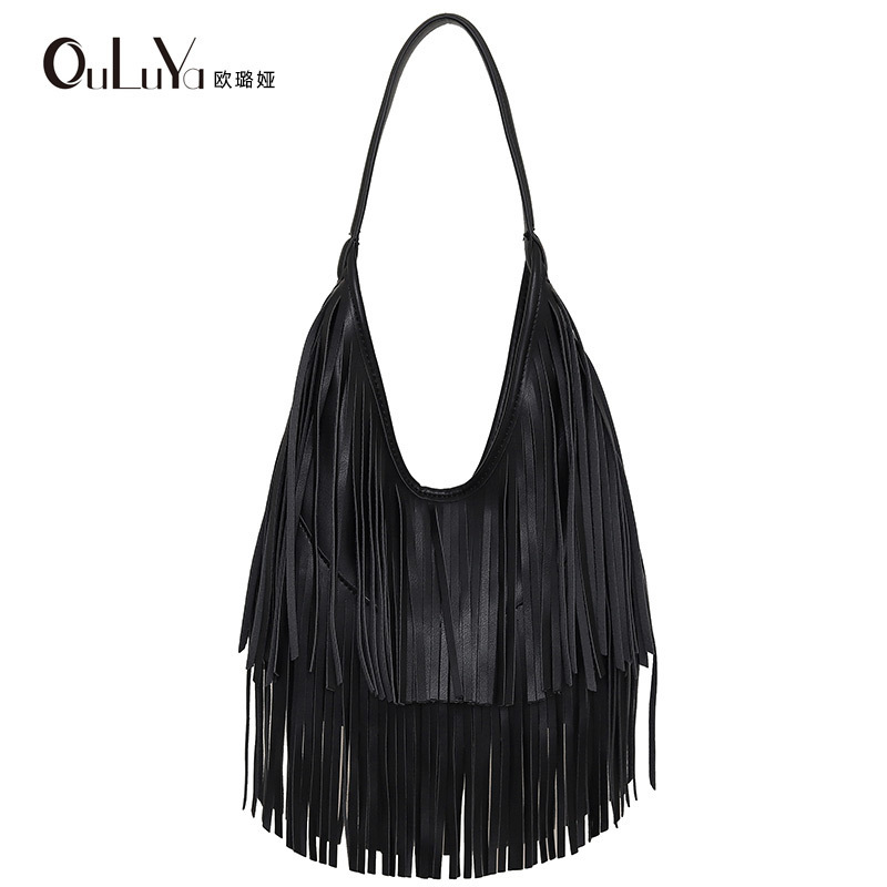 Fashion Handbag Guangzhou Women's Bag Factory Shoulder Bag Satchel Tassel Bag Solid Color European and American Soft Leather Small