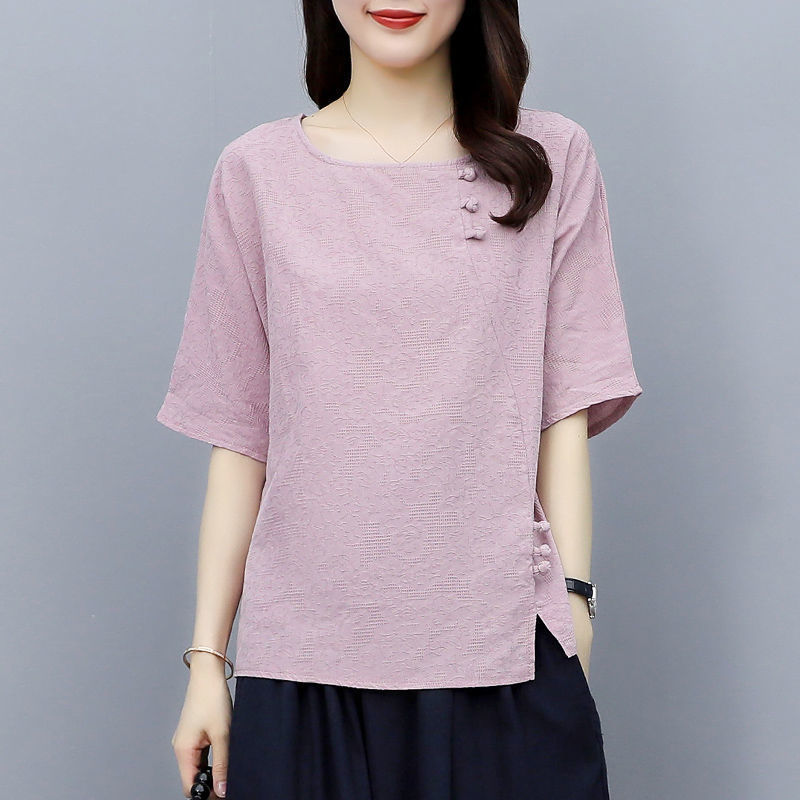 Cotton Women's T-shirt Short-sleeved 2023 New Summer Korean-style Large Size Loose Slimming Casual Buckle Flax Top