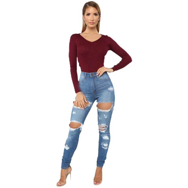 Jeans rotos europeos y americanos de otoño 2025 en existencia para mujer, nuevos jeans Wish de Amazon y eBay