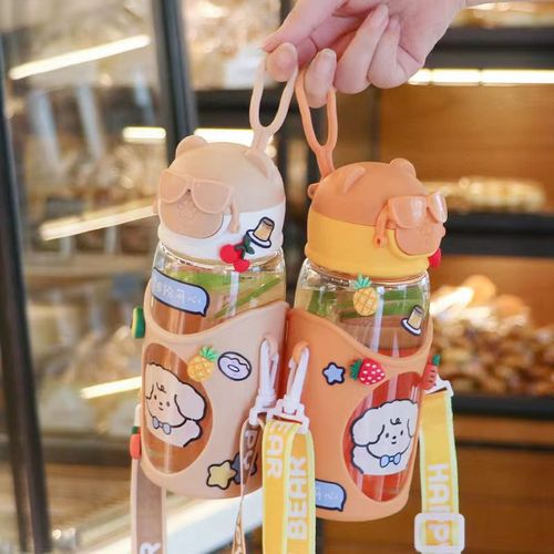  New Cute Cartoon Children's Straw Plastic Cup for Drinking Straws for Students Fashionable Portable Glasses Bear Cup