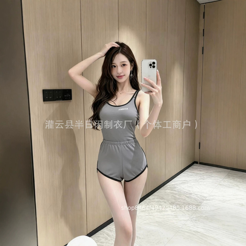 Half Day Leisure Trendy Slim Fit Camisole Jumpsuit Shorts Two-Piece Set for Women Casual Fitness Running Basic Sportswear