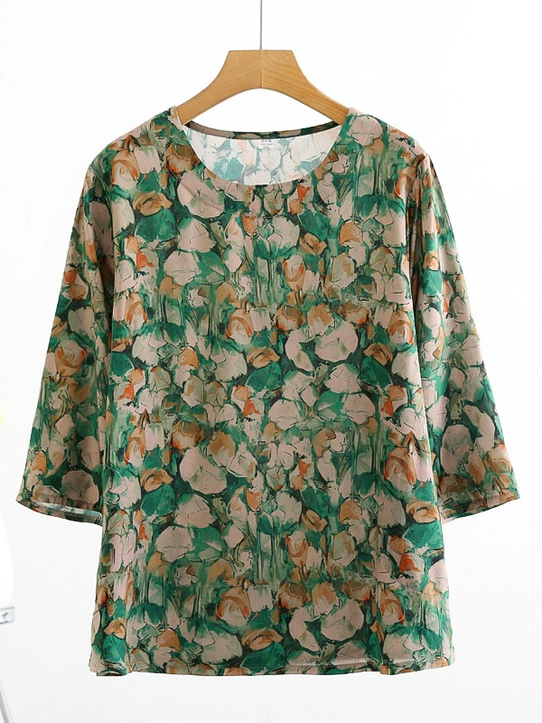 Летние женские топы из искусственного хлопка с короткими рукавами для женщин среднего и пожилого возраста, свободная футболка большого размера из хлопкового шелка с рукавами три четверти для старухи