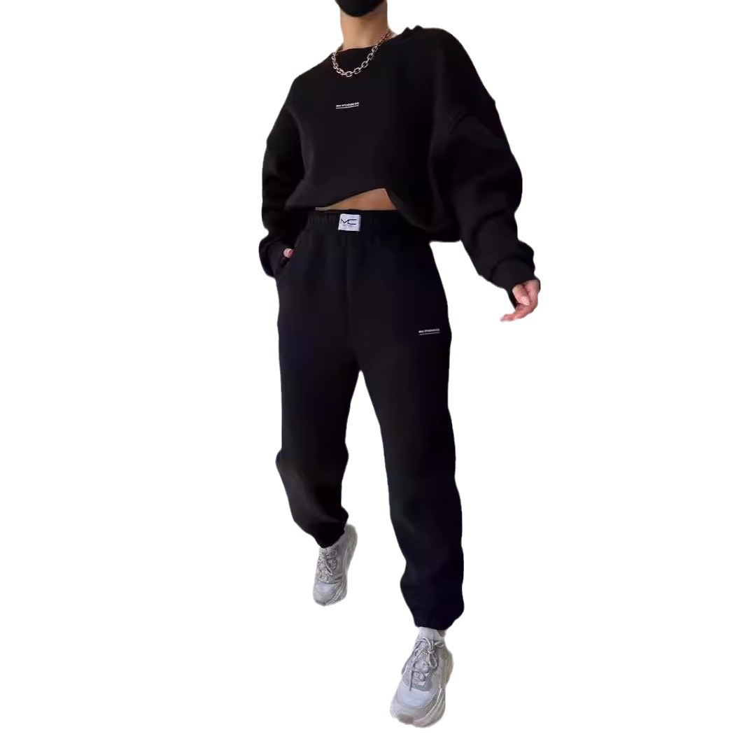 Damkläder ny kostym långärmad rundhalsad casual sweatshirt elastiska sportbyxor tvådelad kostym_voghion.com