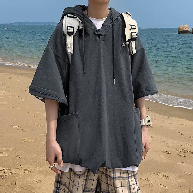 Summer American Style Retro Tooling Short-sleeved Hoodie Men's Thin 2024 Hooded T-shirt Fashion Brand Japanese Style Half-sleeved Half-sleeved Half-sleeved