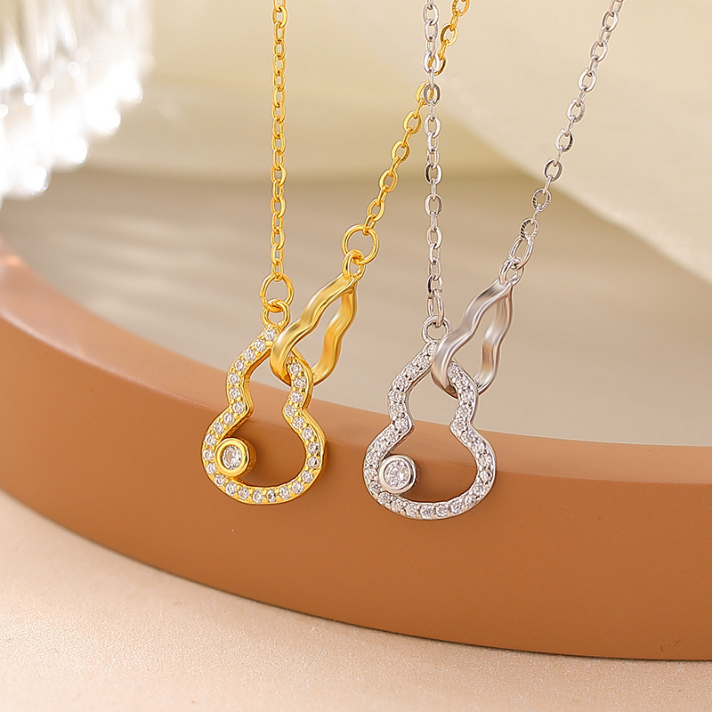 Dây chuyền bạc S925 mạ vàng mặt hồ lô rỗng thiết kế độc đáo phong cách nhẹ nhàng — Bạc (Bộ dây chuyền)