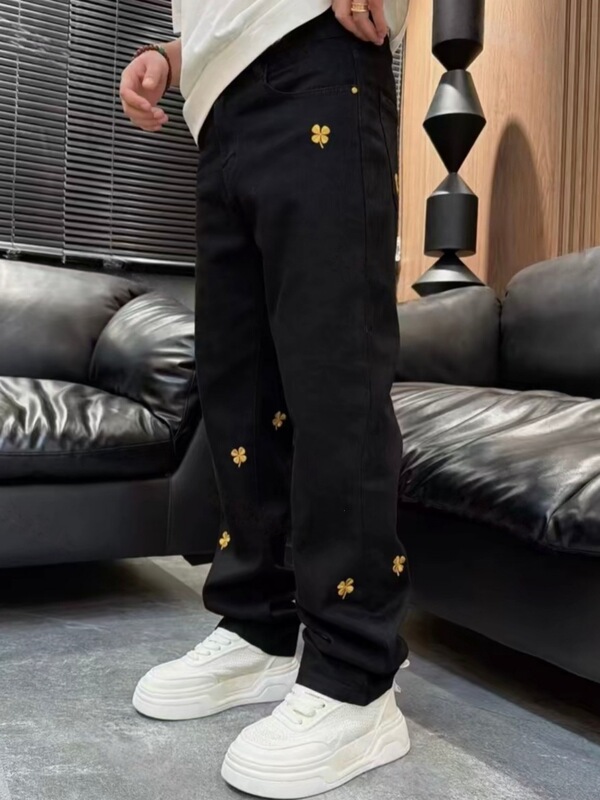 3D Cut Heavy Embroidery Clover Jeans for Men, Summer Trendy Versatile Fashion Straight Pants