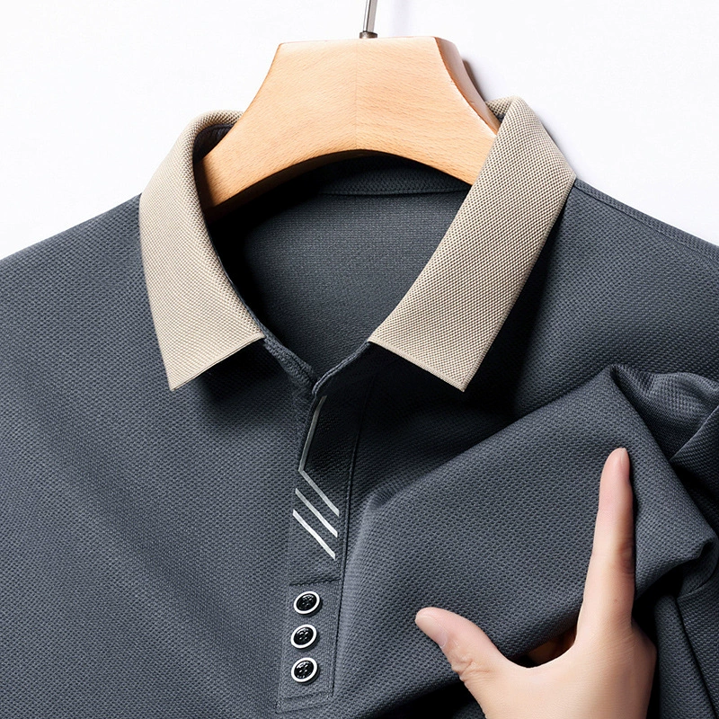 2024 Весна и осень, новая рубашка-поло с длинными рукавами, мужская повседневная Однотонная футболка среднего возраста с воротником-ножницами, Мужская футболка с лацканами, Мужская