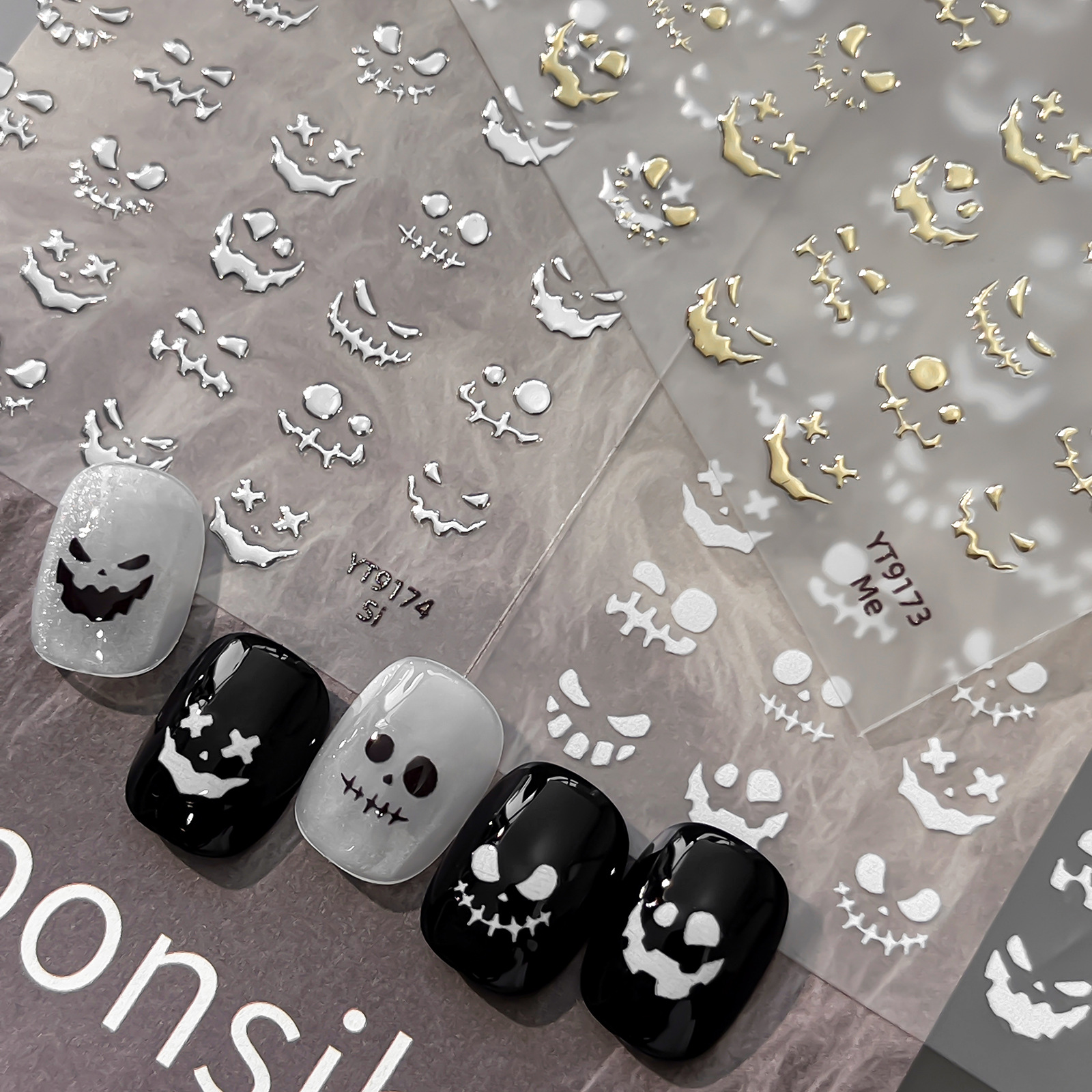 Yitu 2026 Halloween Pumpkin Ghost Face Nail Art Stickers Gold and Silver Horror Smiley Face Nail Stickers YT9171