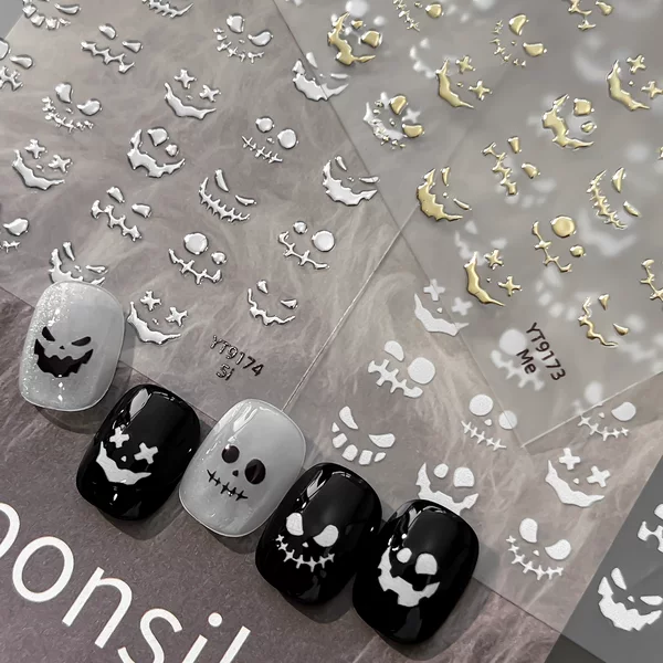 Yitu 2026 Halloween Pumpkin Ghost Face Nail Art Stickers Gold and Silver Horror Smiley Face Nail Stickers YT9171