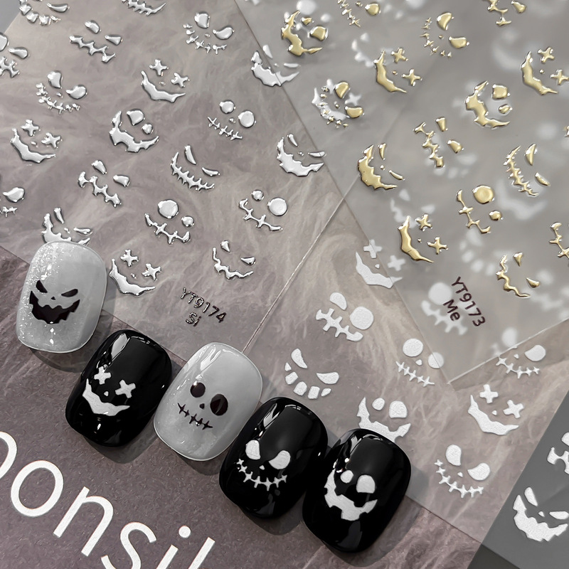 Yitu 2026 Halloween Pumpkin Ghost Face Nail Art Stickers Gold and Silver Horror Smiley Face Nail Stickers YT9171 Yitu 2026 Halloween Pumpkin Ghost Face Nail Art Stickers Gold and Silver Horror Smiley Face Nail Stickers YT9171