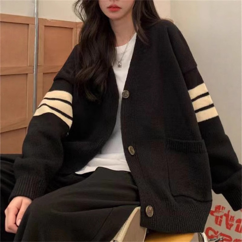韓国の優しいストライプ V ネックセータージャケット女性のための秋と冬のクロスボーダースタイルカレッジスタイル日本レトロセータートップ|undefined