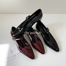 羊皮丁字鞋女玛丽珍鞋春新款 真皮蝴蝶结内增高浅口单鞋T型单鞋女