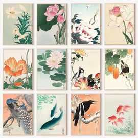 复古鱼和睡莲壁画艺术海报厂家批发来图打印海报外贸入仓货源Temu